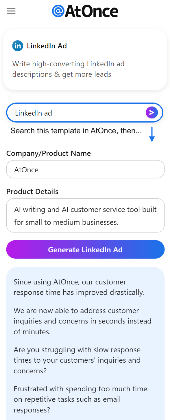 AtOnce AI LinkedIn ads generator